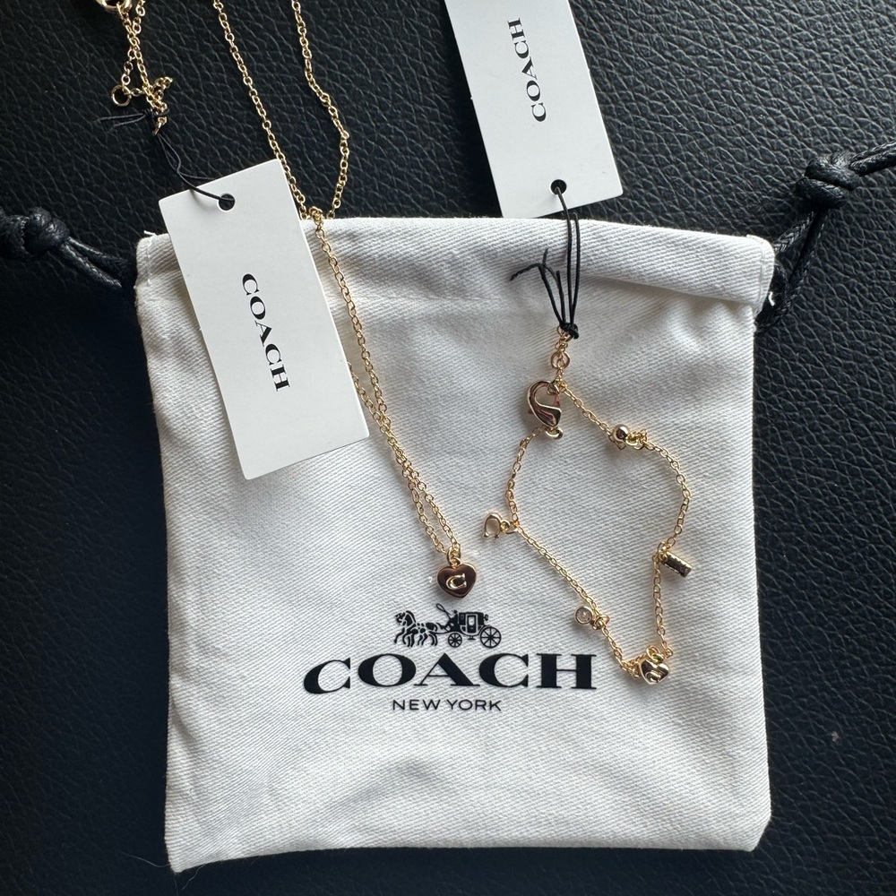 NWT COACH Gold Signature Heart Necklace and Charm Bracelet Set